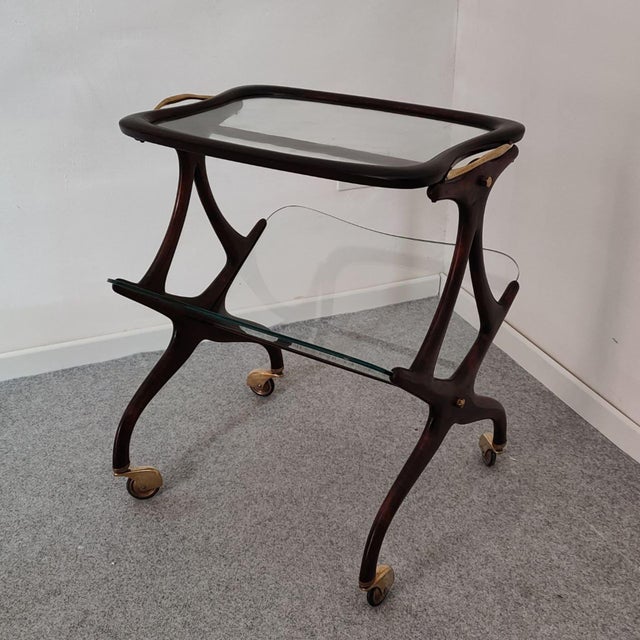 Cesare Lacca 1950s Italian Wood, Glass and Brass Bar Cart With Magazine Rack, Attributed to Cesare Lacca For Sale - Image 4 of 11