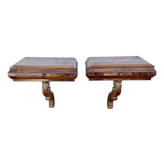 1930s Pair of Spanish Wall-Mounted Wood Nightstands With Floral Inlay For Sale