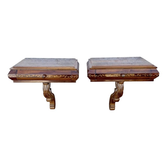 1930s Pair of Spanish Wall-Mounted Wood Nightstands With Floral Inlay For Sale