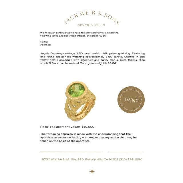 Metal Angela Cummings Vintage 3.50 Carat Peridot 18k Yellow Gold Ring, Size 5.5 For Sale - Image 7 of 7