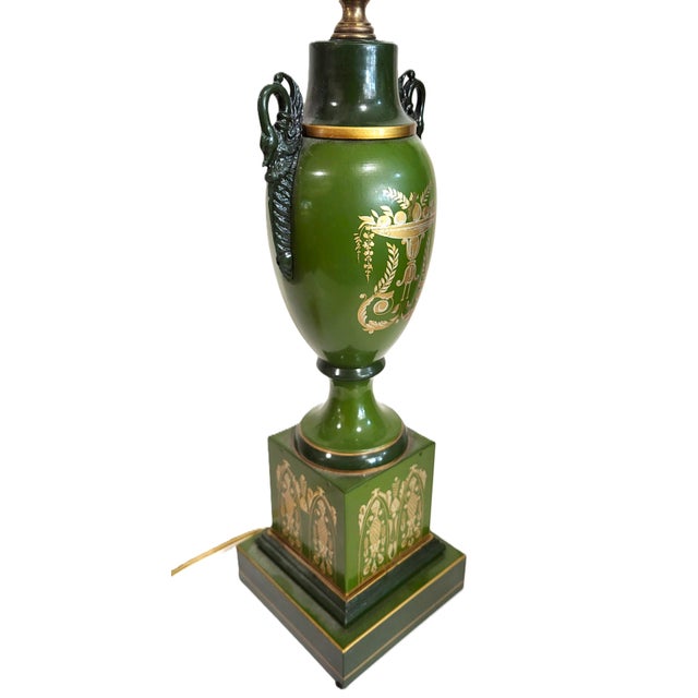 Vintage French 20th C Designer Empire Style Green & Gold Swan Urn Lamp For Sale - Image 9 of 17
