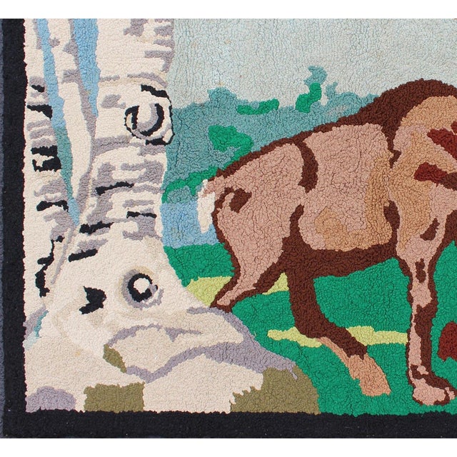 Figurative American Hooked Rug With a Bull Elk in Aspen Trees Setting 2'9" X 3'11" For Sale - Image 3 of 8