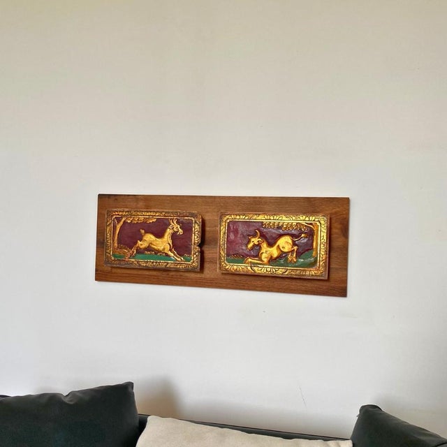 Brown Chinoiserie Wall Art – c.1920 Antique Chinese Giltwood Carved Panel, Double For Sale - Image 8 of 9