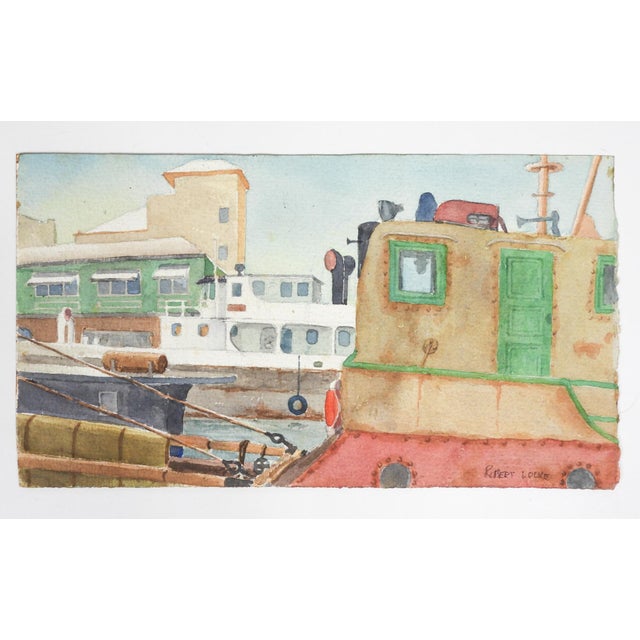 Rustic Mid 20th Century Ships in Harbor Watercolor Painting For Sale - Image 3 of 4