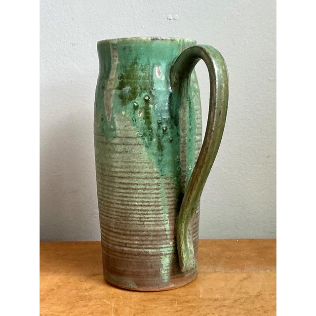 Mid-Century Modern Vintage Handcrafted Green Studio Pottery Jug For Sale - Image 3 of 12