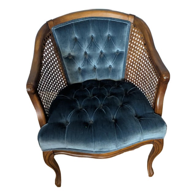 1980s Mid-Century Cane Barrel Back Lounge Chair With Cornflower Blue Velvet Upholstery For Sale