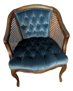 1980s Mid-Century Cane Barrel Back Lounge Chair With Cornflower Blue Velvet Upholstery