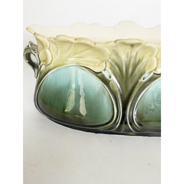 Ceramic Art Nouveau Majolica Cachepot with Green and Blue Floral Decorations, France For Sale - Image 7 of 18