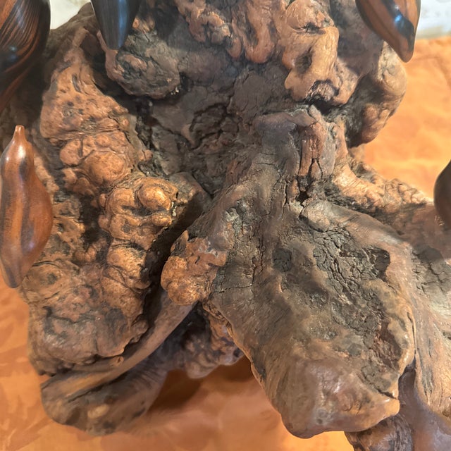 Vintage 7 Wooden Birds on Carved Burl Wood Sculpture For Sale - Image 11 of 12