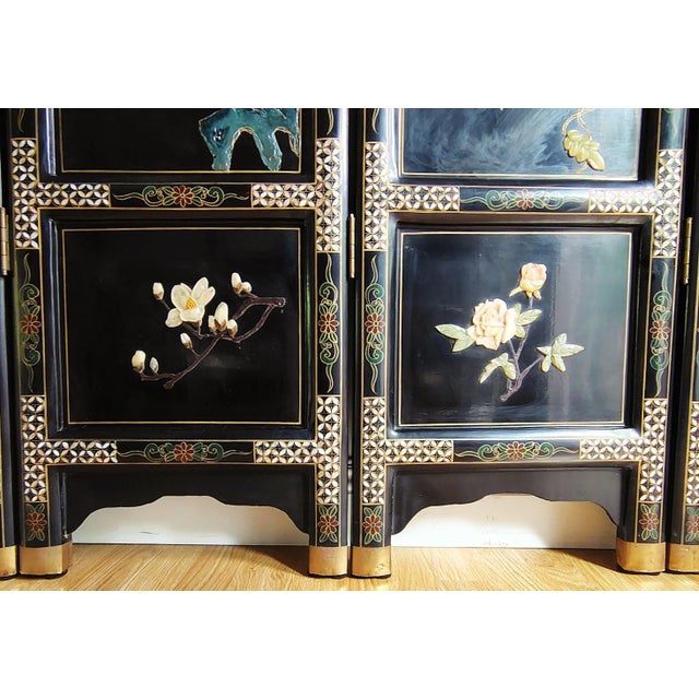 Chinese Export Six Panel Hardstone Lacquer Screen For Sale - Image 9 of 18