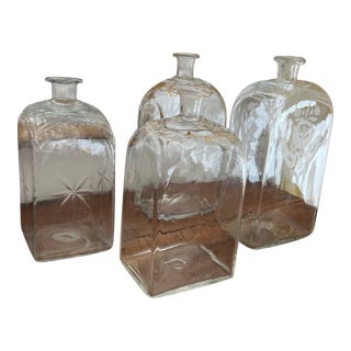 Antique 19th Century Delicate Hand Blown Etched and Decorated Bottle Decanters- Set of 4 For Sale