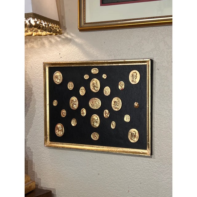 Grand Tour Neoclassical Gilded Collection of Classical Intaglio and Cameo on the Leather Ground With Gilt Frame For Sale In Palm Springs - Image 6 of 10
