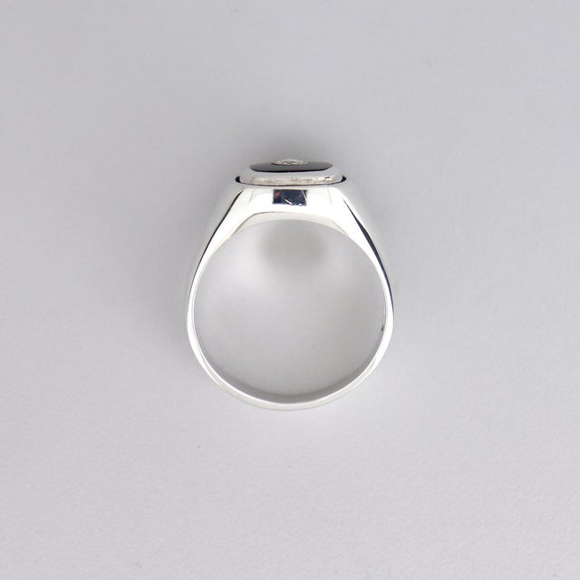 Large Vintage Sterling Silver, Onyx Cabochon, & Diamond Men's Signet Style Ring For Sale - Image 15 of 15