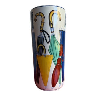 Hand Painted Postmodern 80s Ceramic Umbrella Holder Fornasetti Style Graphic Art For Sale