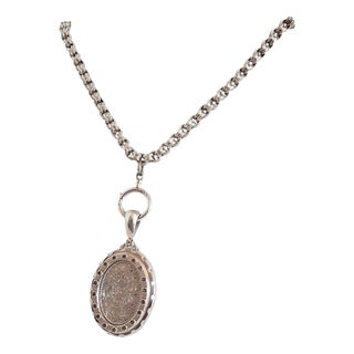 Victorian Aesthetic Sterling Silver Oval Locket & Chain, 1880s For Sale