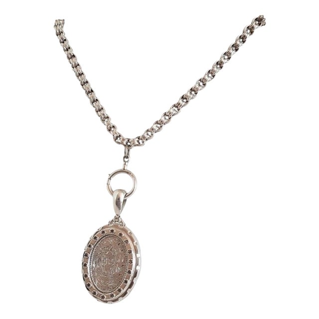 Victorian Aesthetic Sterling Silver Oval Locket & Chain, 1880s For Sale