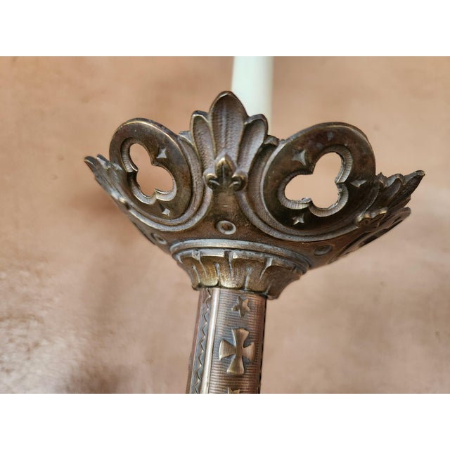 Large Antique Napoleon III Gothic Brass Church Candleholders, France, Set of 2 For Sale - Image 12 of 14