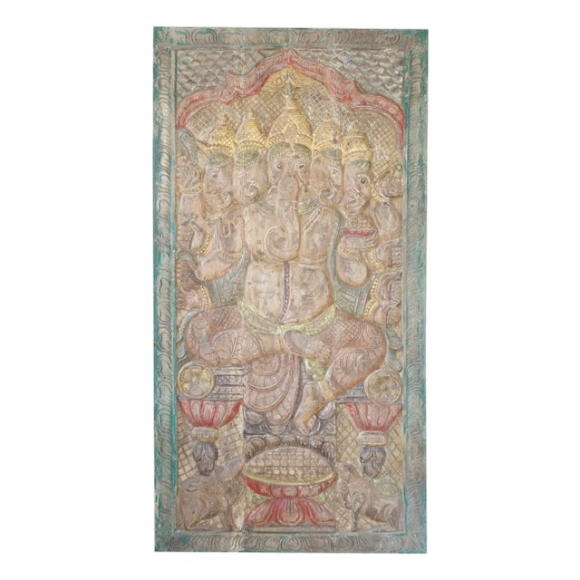 Vintage Panchmukhi Ganesha Wall Sculpture – Hand-Carved Temple Wall Art 72x36 For Sale