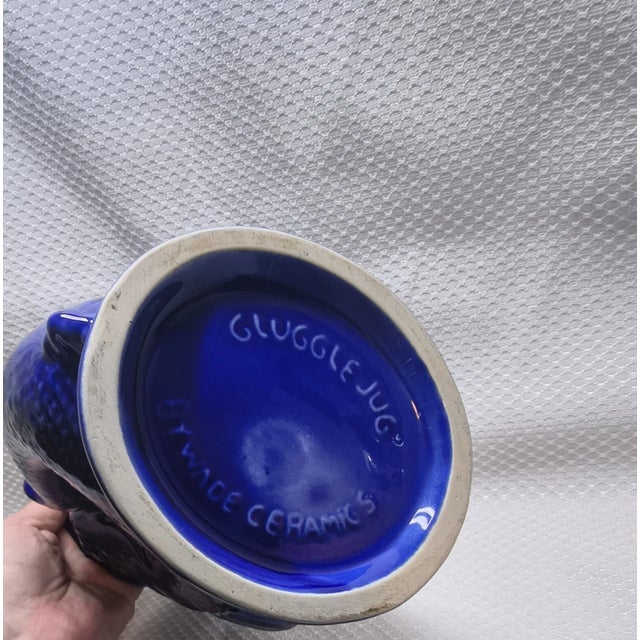 1990s Vintage MCM Wade Ceramics Cobalt Blue Gluggle Jug Fish Pitcher Vase For Sale - Image 5 of 7