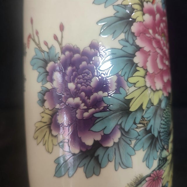 Chinese Ceramic Pot,Tongzhi Marked Famille Rose Porcelain Brush Pot Hand Painted Rooster and Peony Flowers Pattern For Sale - Image 9 of 10