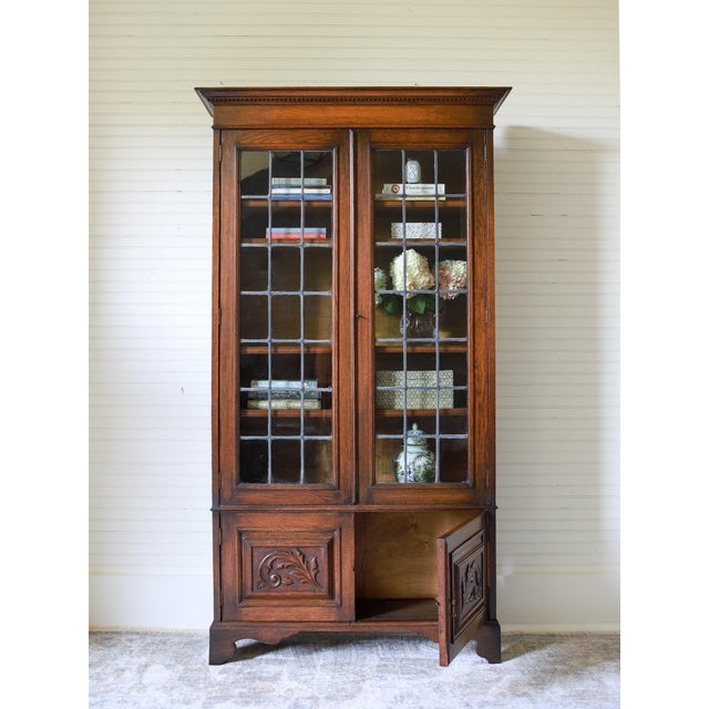 Antique English Oak Leaded Glass Bookcase, Cabinet For Sale - Image 9 of 10