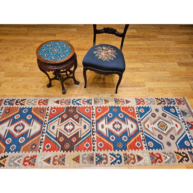 Vintage Turkish Tribal Kilim Runner, Handwoven Wool, Geometric Caucasian Pattern, Blue & Red, 3x8 For Sale In Chicago - Image 6 of 17