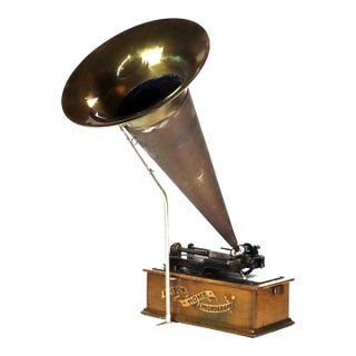 Antique Edison Home Oak Phonograph With Metal Horn Signed C1900 For Sale