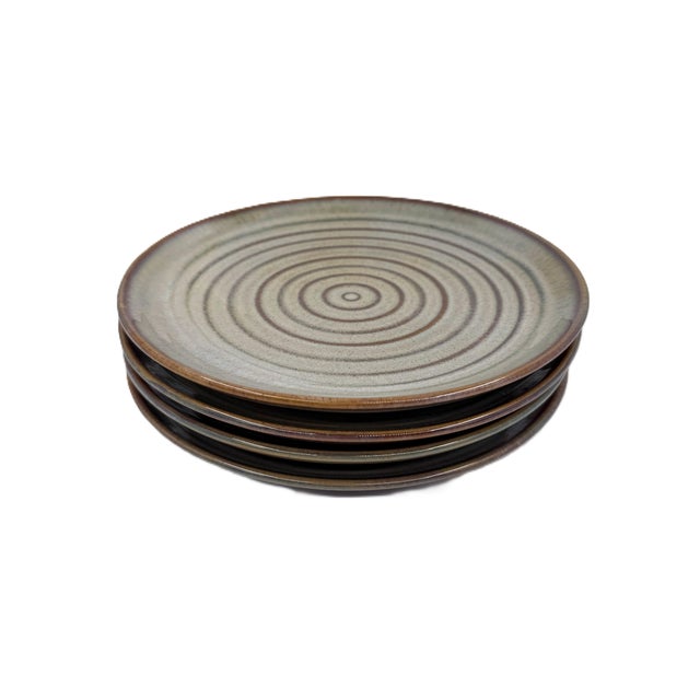 Vietnamese Dual-Glaze Stoneware Ceramic Dinner Plates With Spiral Motif - Set of 4 For Sale - Image 4 of 6