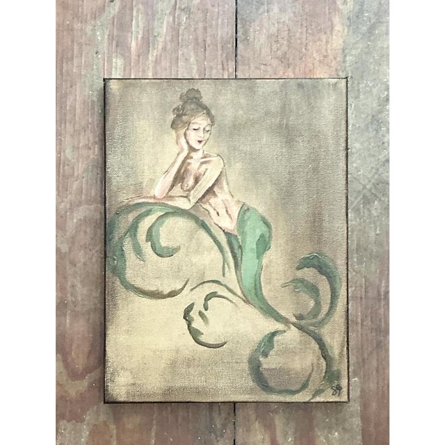 Wood Vintage Oil Painting of Mermaid on Canvas For Sale - Image 7 of 12