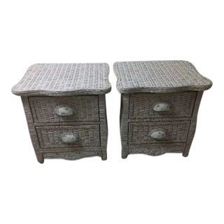 Vintage White Wicker Rattan Nightstand Two Drawer Set of 2 For Sale
