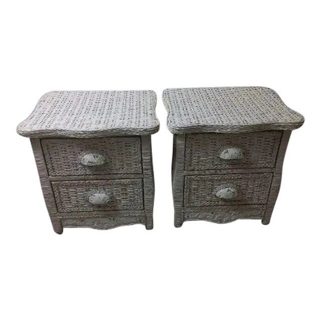 Vintage White Wicker Rattan Nightstand Two Drawer Set of 2 For Sale