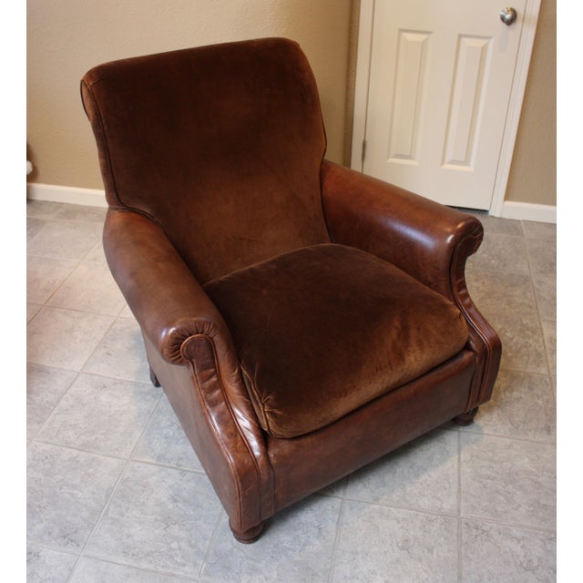Coffee Distressed Leather and Velvet Reading Chair For Sale - Image 8 of 8