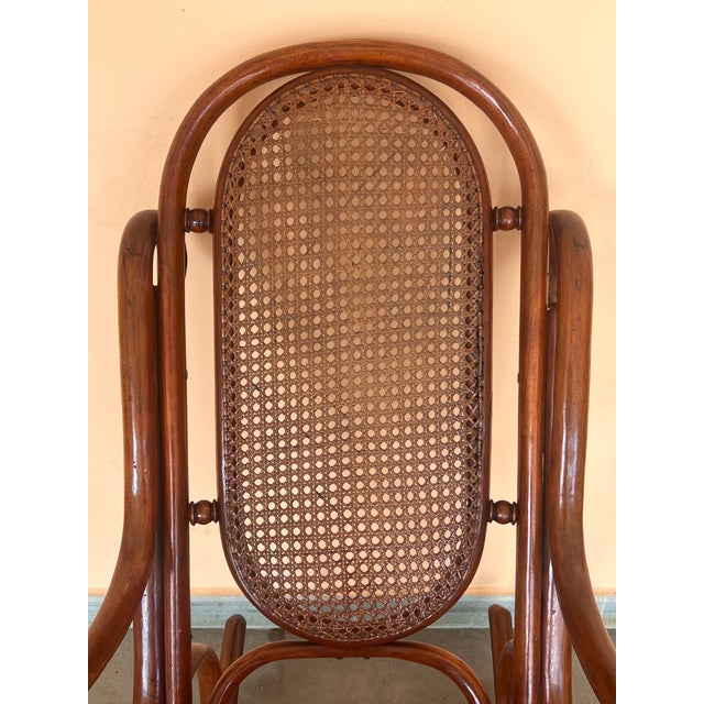 Brown Pair of Bentwood Rocking Chairs With Cane Seat and Back For Sale - Image 8 of 9