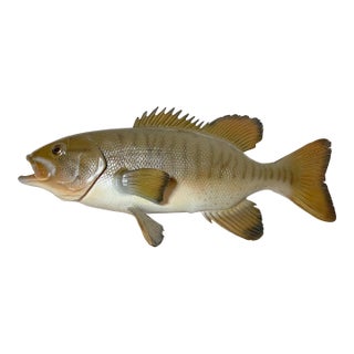 Vintage Handmade Eg Carved Wood Smallmouth Bass Wall Fish Mount Trophy Sculpture For Sale
