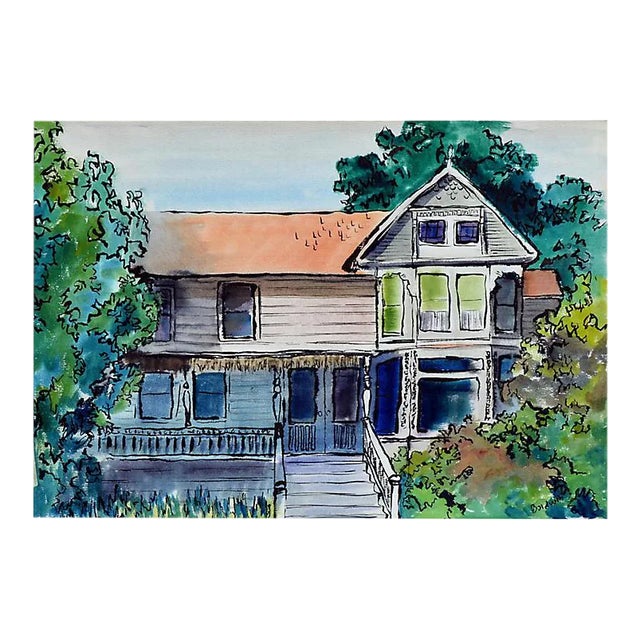 Late 20th Century Victorian House Portrait Watercolor Painting For Sale