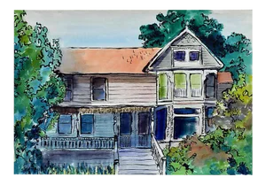 Late 20th Century Victorian House Portrait Watercolor Painting