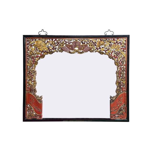 1960s 85" X 71" Chinese Red Golden Relief Carving Wood Frame Wall Mirror For Sale - Image 5 of 17