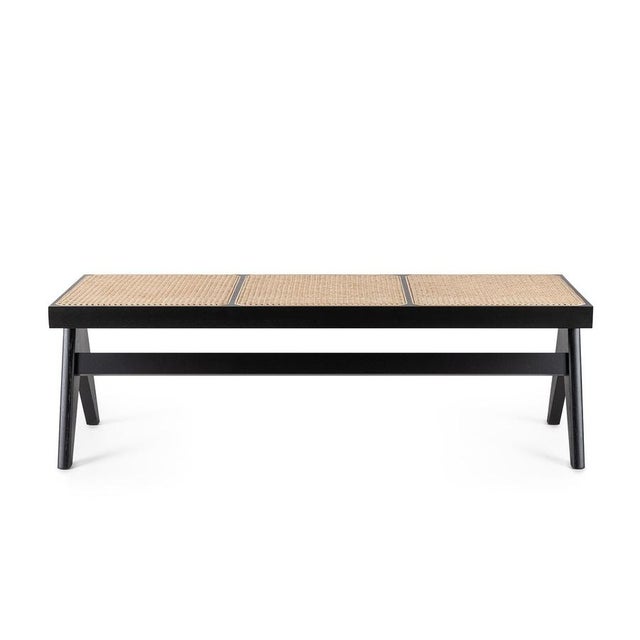 Cassina 057 Civil Bench in Black Lacquered Wood and Woven Cane by Pierre Jeanneret for Cassina For Sale - Image 4 of 8