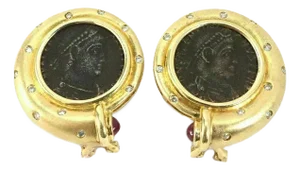 Diamond Ruby Bronze Coin 18k Yellow Gold Round Post Clip Earrings , 2 Pieces