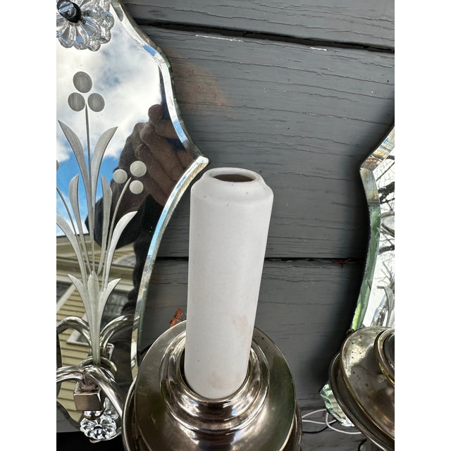 Metal 1920s Set of Three Vintage Silver Plated Mirrored Backs Wall Sconces, Attributed to Caldwell For Sale - Image 7 of 9