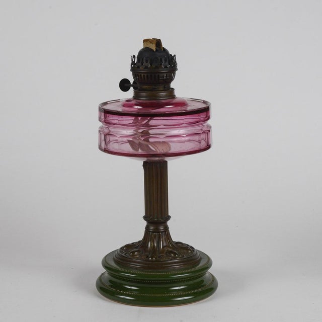 Art Nouveau Ceramic, Glass and Metal Oil Lamp with Original Working Double Wick For Sale - Image 5 of 10