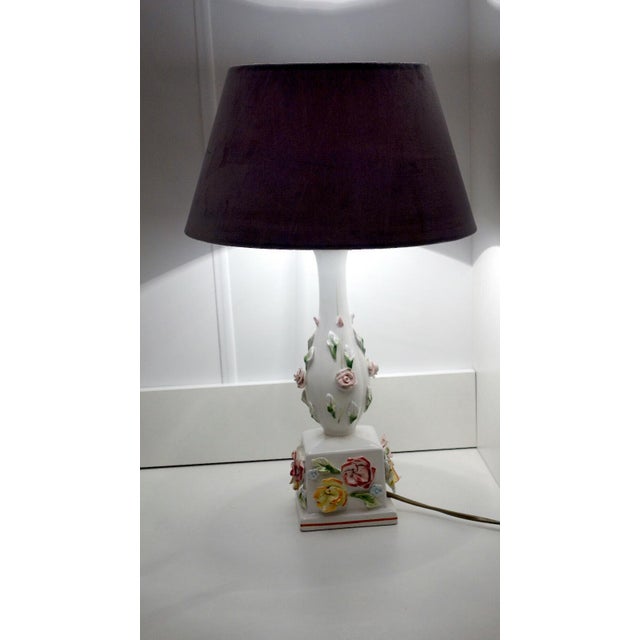 Textile Vintage Italian Porcelain Fabric Shade Table Lamp, 1970s For Sale - Image 7 of 9