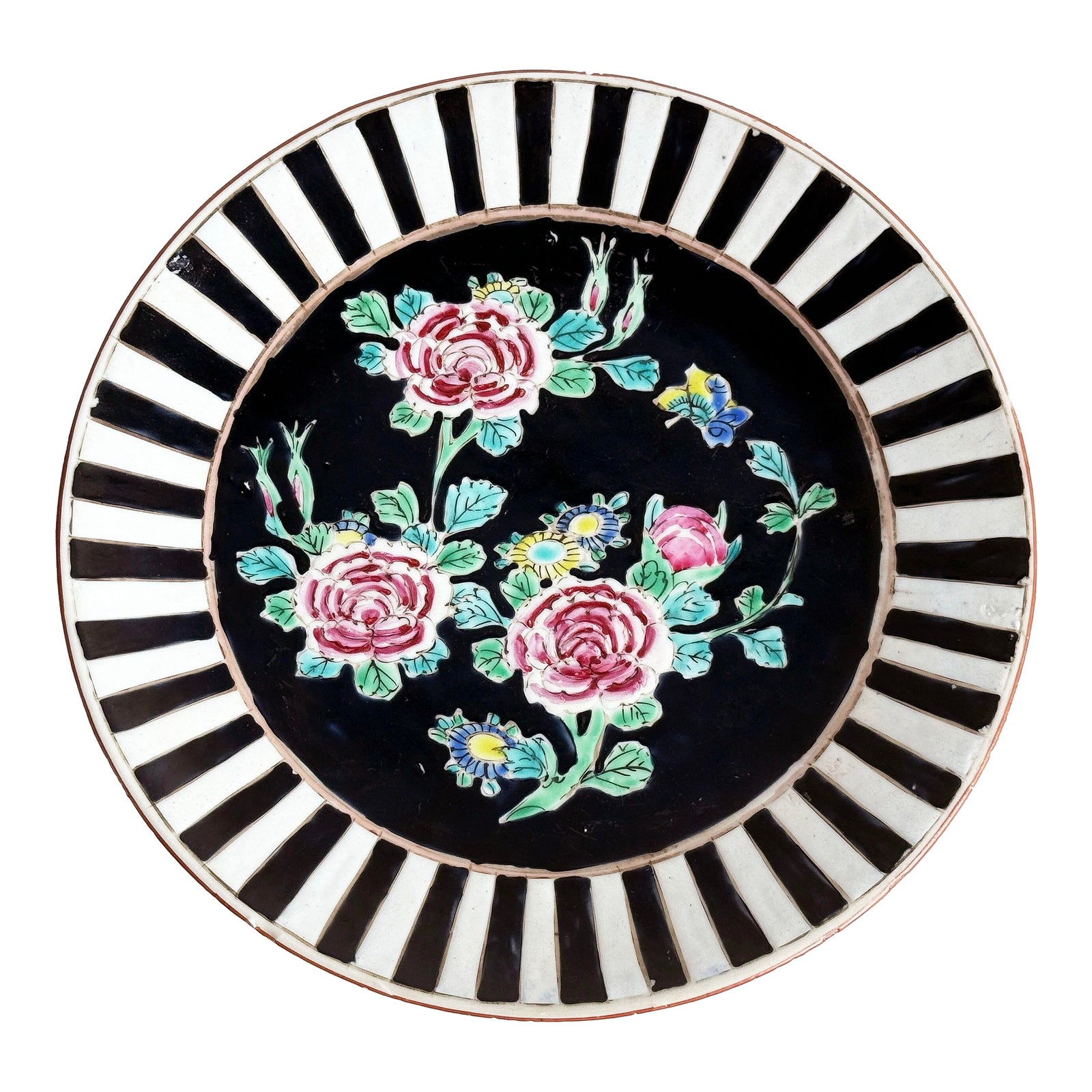 Vintage 1920's Japanese Nippon Hand Painted Charger With Bold Black and White Border