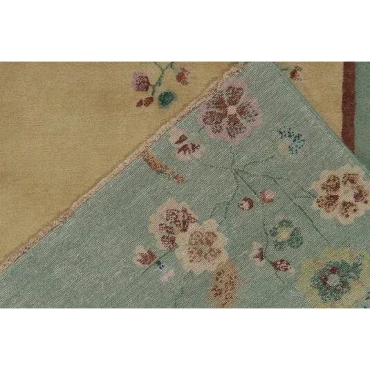 Rug & Kilim Chinese Deco style Rug with Teal Border, Gold Field & Florals - 10'x14' For Sale In New York - Image 6 of 7