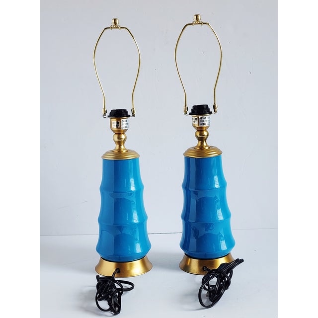 Transitional Bamboo Form Gilded Turquoise Porcelain Table Lamps - A Pair For Sale - Image 3 of 12