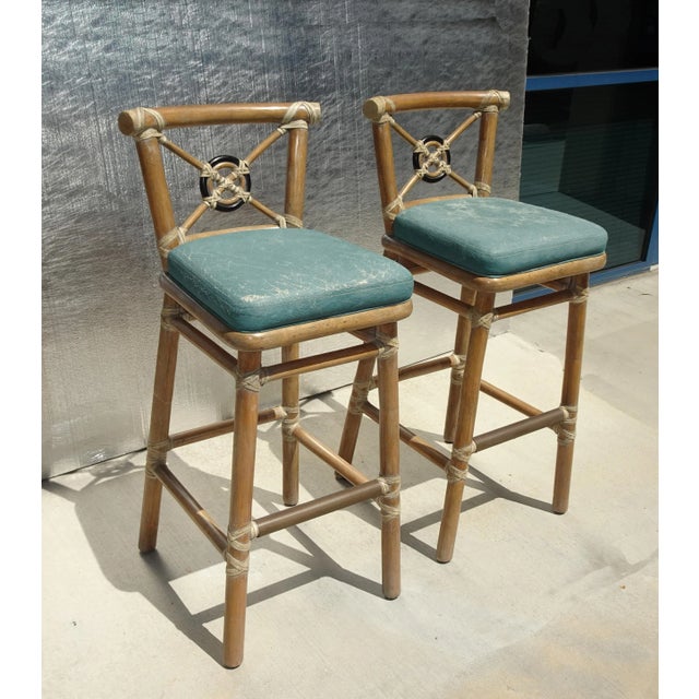 Coastal Pair Vintage McGuire Target Back Bamboo Barstools W Leather Straps & Brass Footrests For Sale - Image 3 of 12