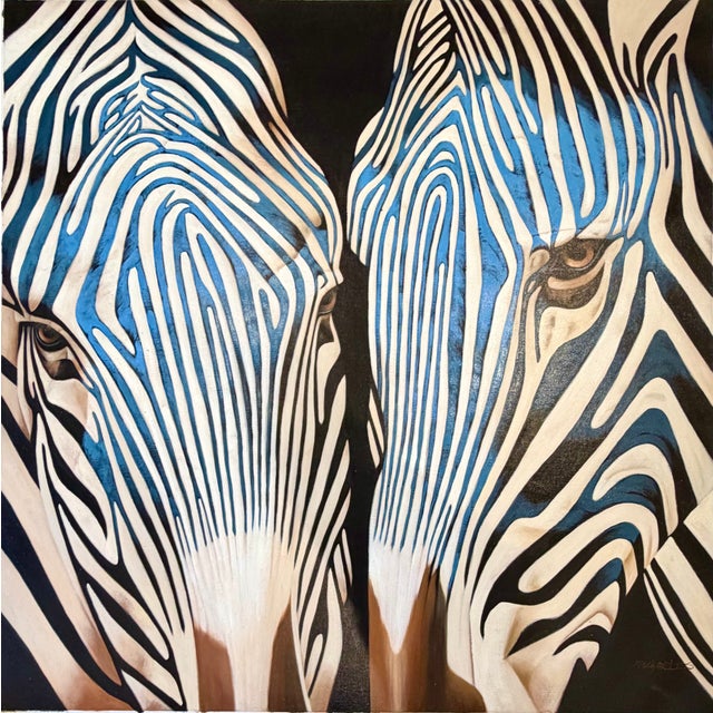 Striking and modern, this original zebra oil painting by P. Charles features two closely facing zebra heads rendered in...