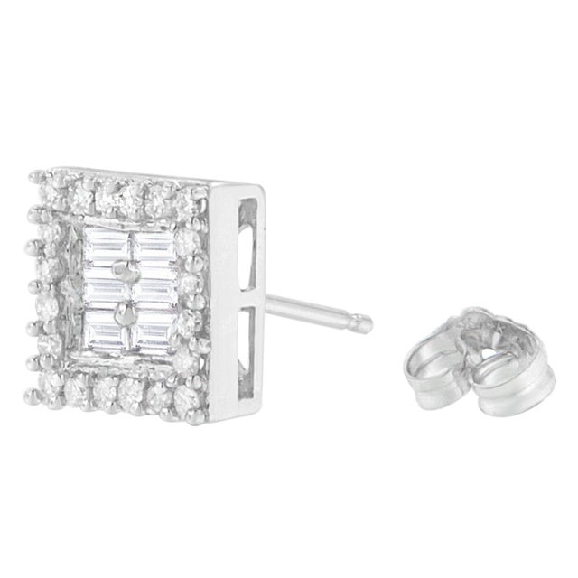 14K White Gold 1 cttw Round and Baguette Diamond Stud Earrings, A Pair For Sale - Image 4 of 6