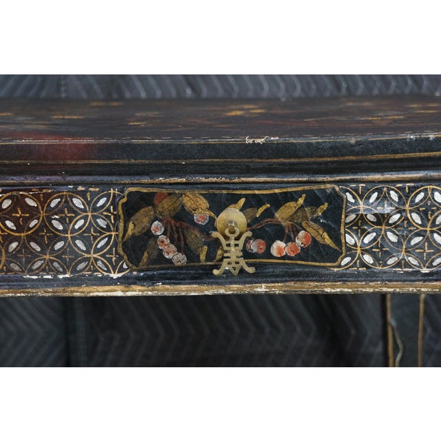 Vintage Chinoiserie Black Lacquered Floral Bird Writing Desk Library Table 35" For Sale - Image 11 of 18