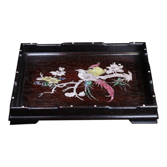 Late 20th Century Wooden Tea Tray With Mother-of-Pearl Magpie and Plum Blossom Inlay For Sale